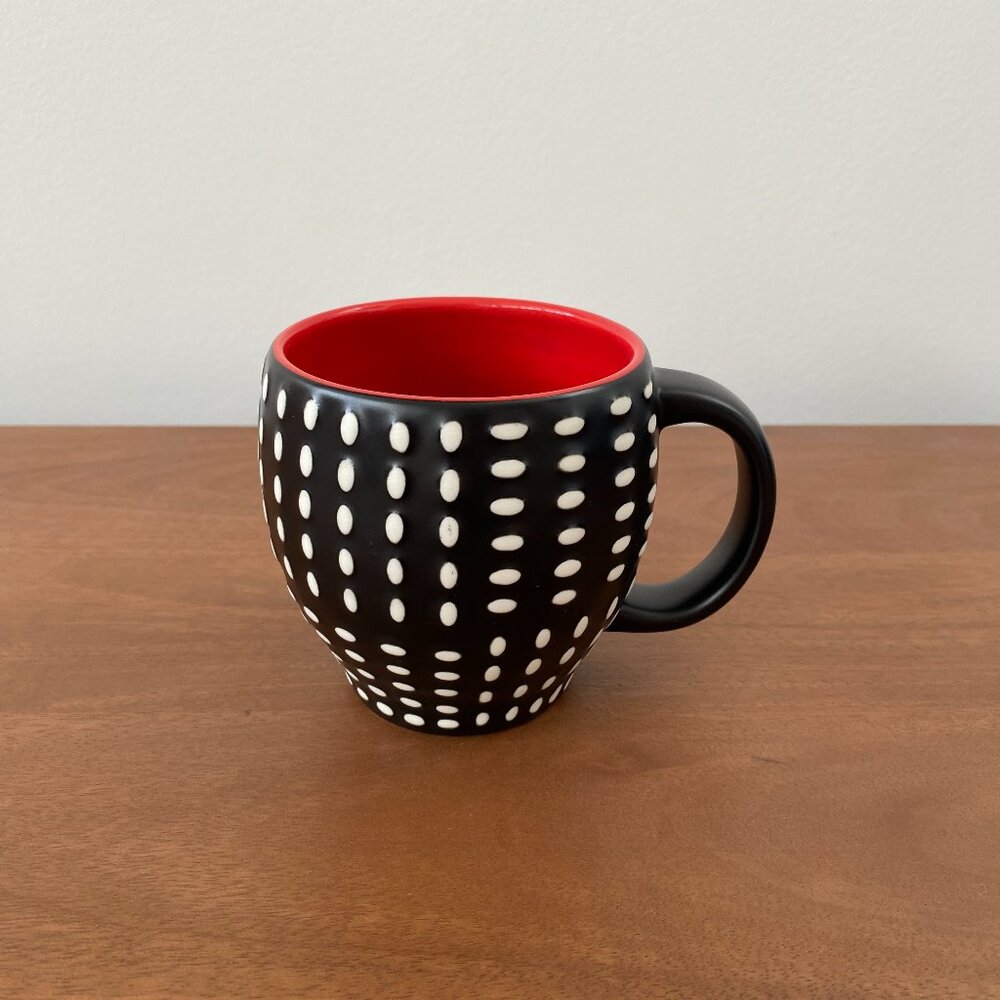 Starbucks 2008 New Bone China 12 fl.oz. Mug Black & White Polka Dot - Red Inside